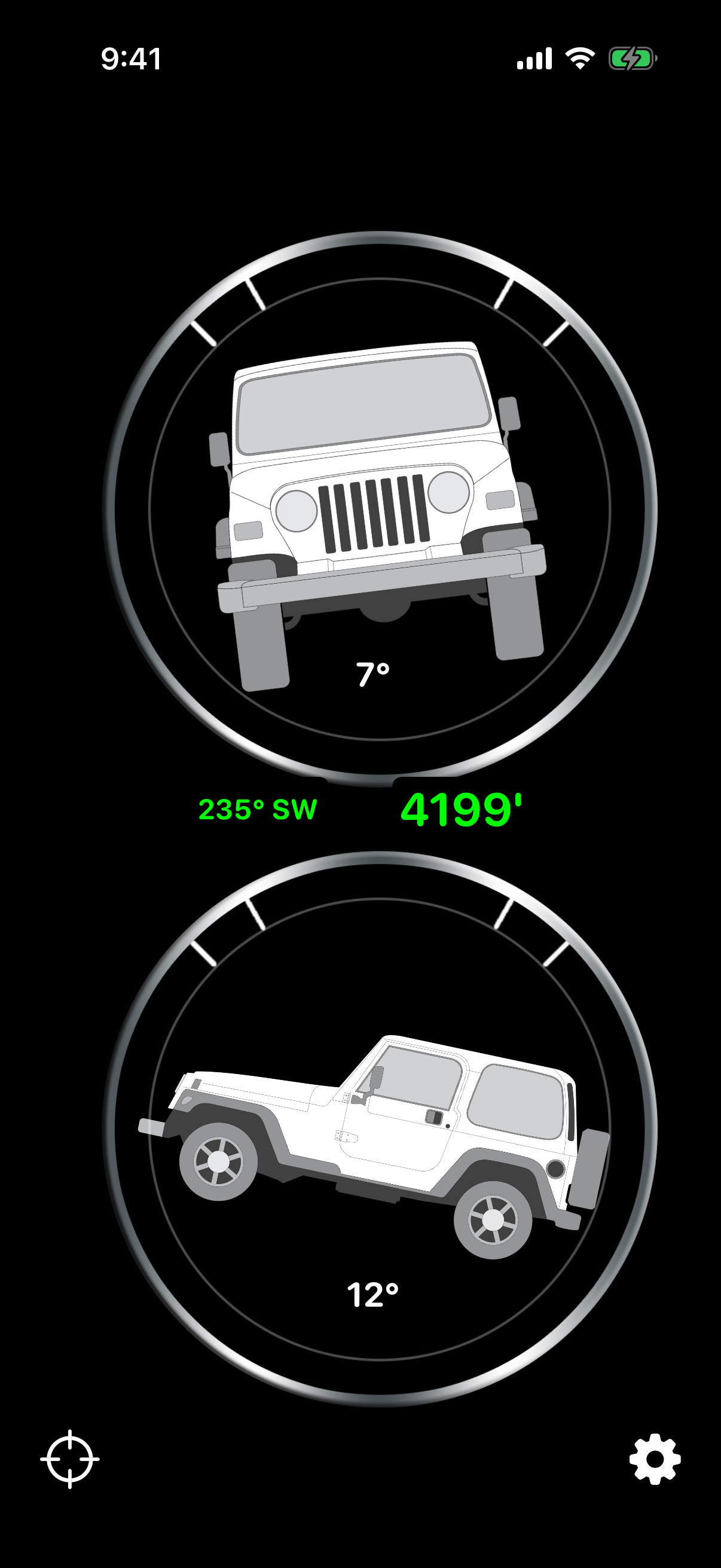 Tiltometer main screen showing real-time tilt gauges