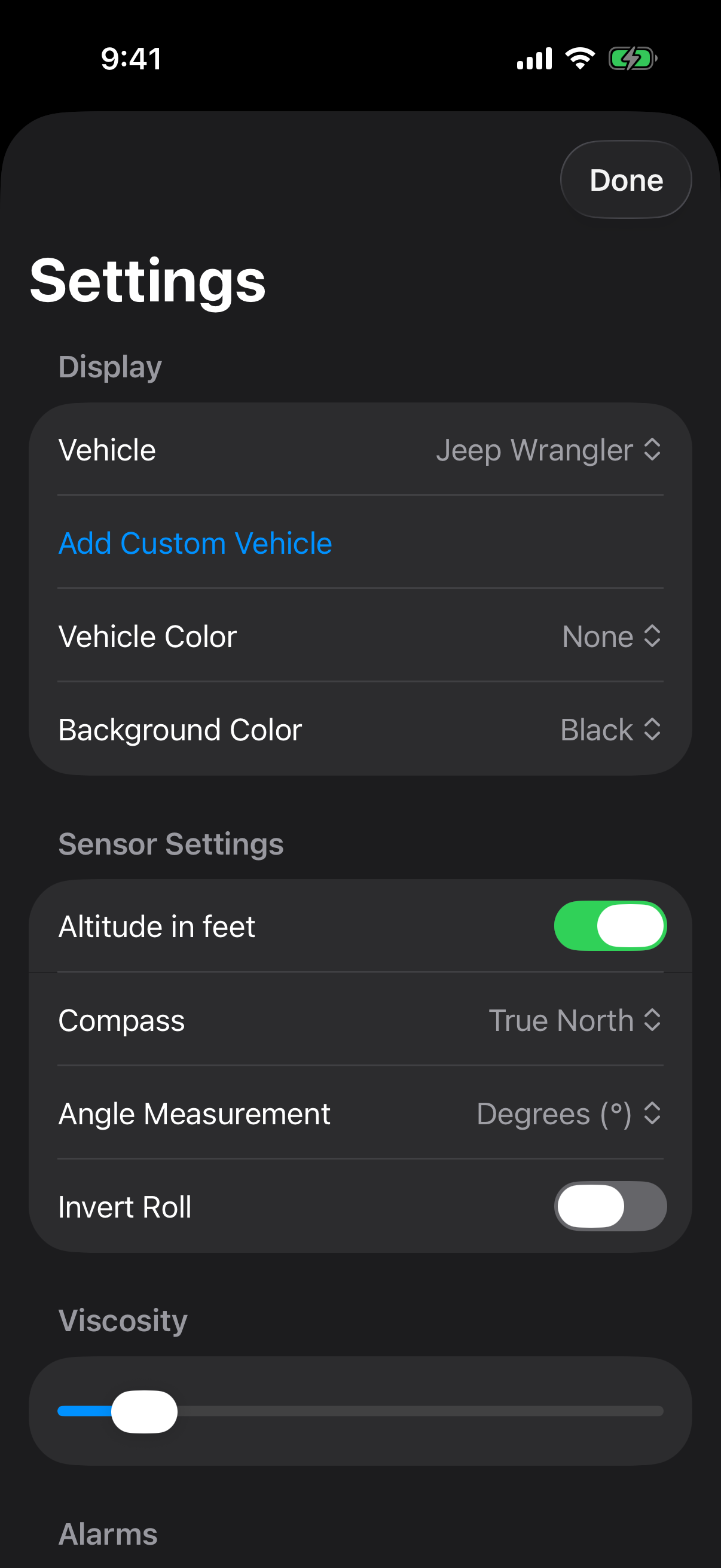 Tiltometer settings screen
